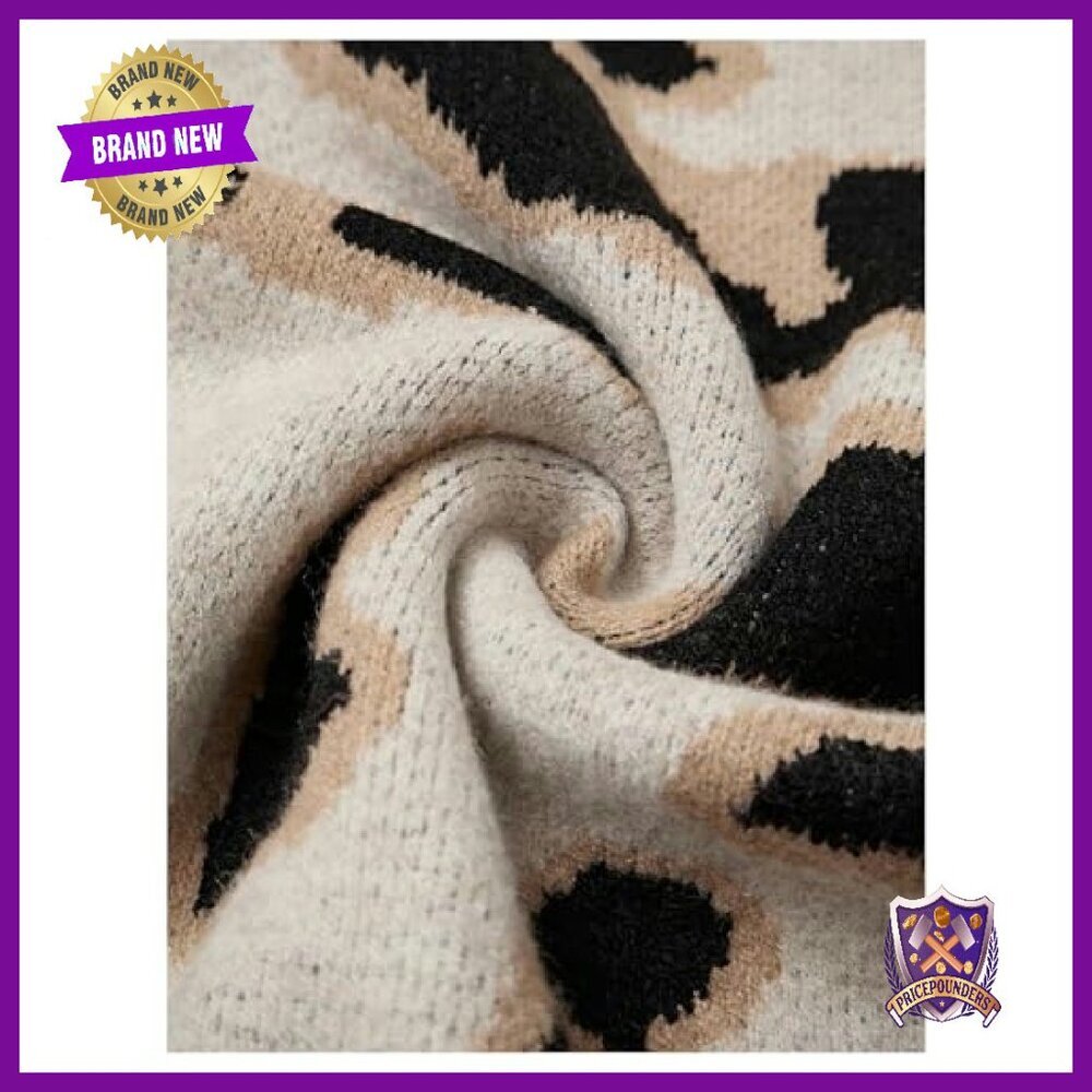Leopard Print Sweater Dress Long Sleeve Collar Ruffle Hem Mini - Picture 6 of 6